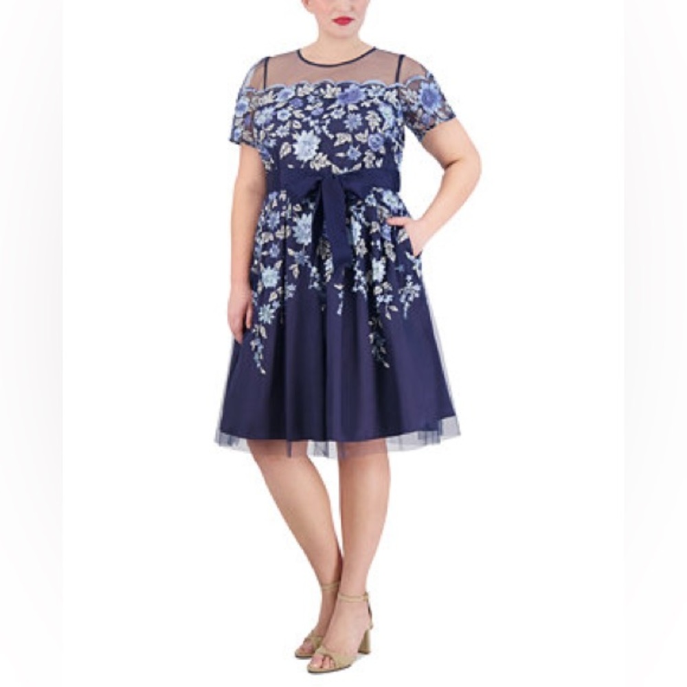 Eliza J Plus Size Embroidered Mesh Dress Navy Blue Floral 20W